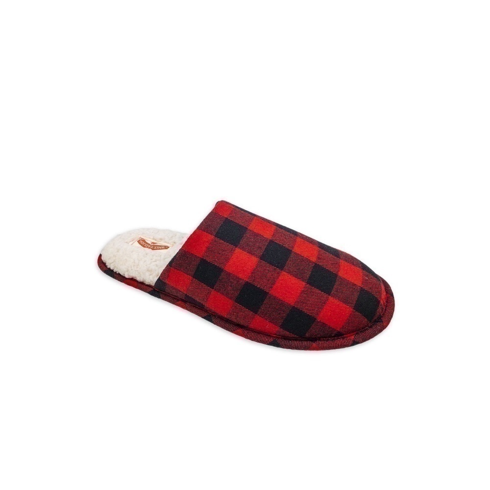 Men’s slip on red and black Buffalo plaid slippers with Sherpa insole